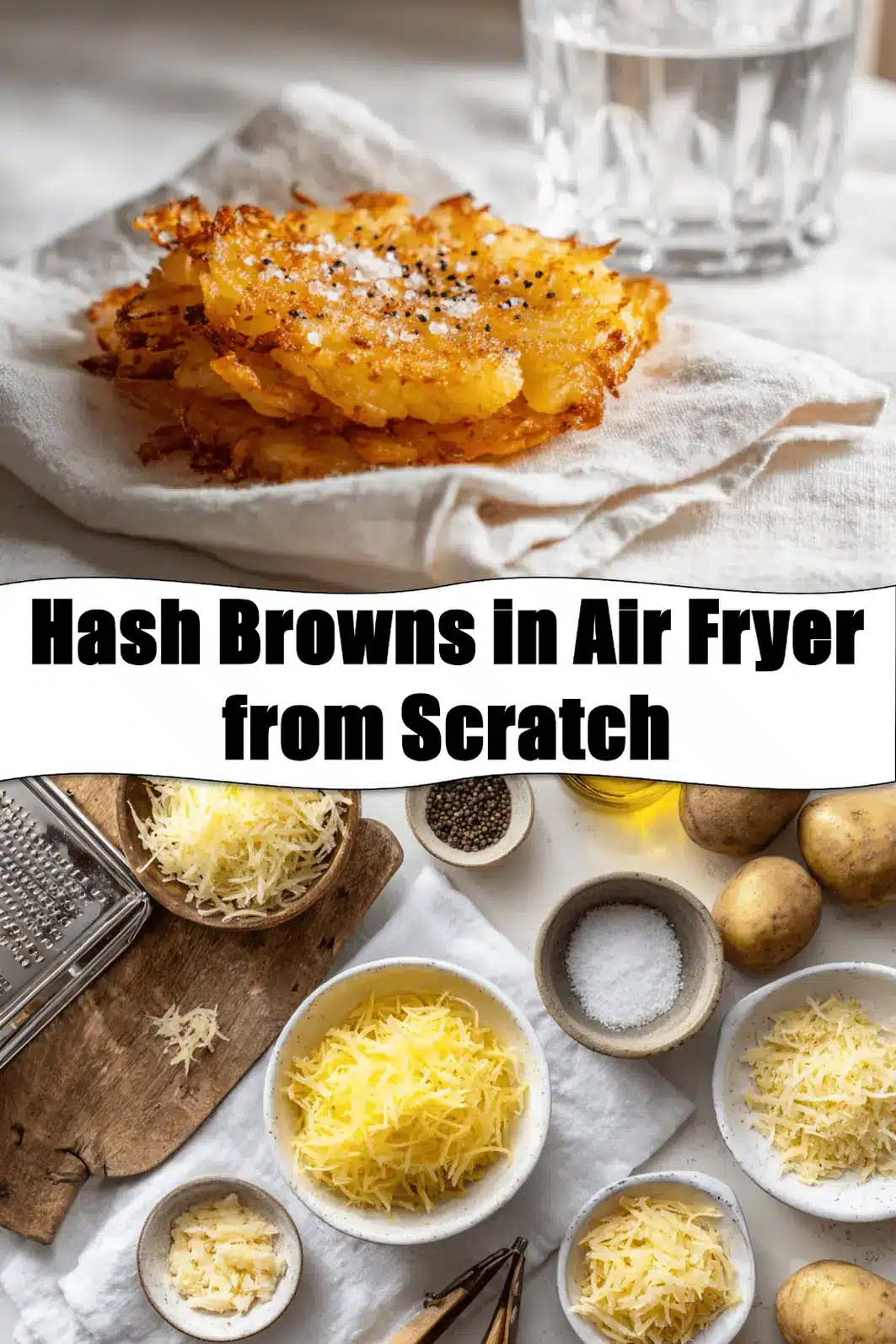Hash Browns in Air Fryer from Scratch golden crisp russet potatoes plated with sea salt crystals_pin