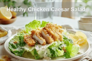 Healthy Chicken Caesar Salad with breaded chicken pieces panko crumbs romaine lettuce and spicy honey drizzle