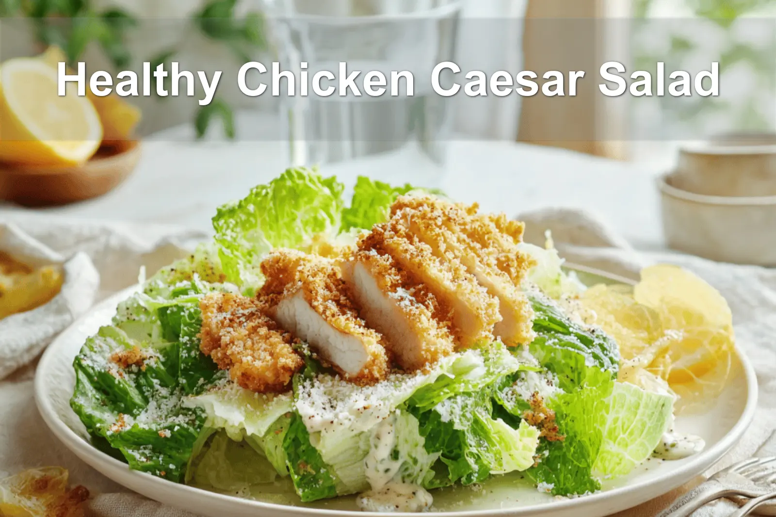 Healthy Chicken Caesar Salad with breaded chicken pieces panko crumbs romaine lettuce and spicy honey drizzle