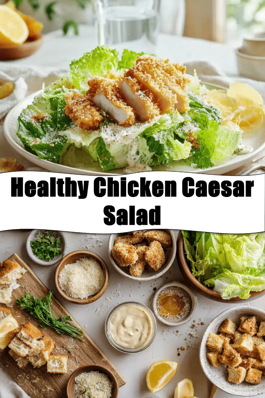 Healthy Chicken Caesar Salad with breaded chicken pieces panko crumbs romaine lettuce and spicy honey drizzle_pin