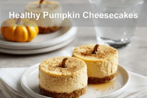 Healthy Pumpkin Cheesecakes styled on a white napkin with water glass in warm lighting