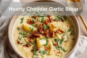 Hearty Cheddar Garlic Soup in a cozy, rustic setting with warm, appetizing tones.