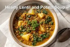 Hearty Lentil and Potato Soup styled for a cozy and inviting presentation