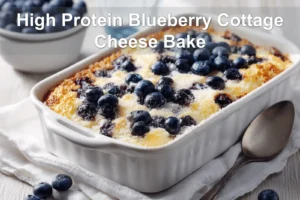 High Protein Blueberry Cottage Cheese Bake plated on white cloth with fresh blueberries and graham crumbs