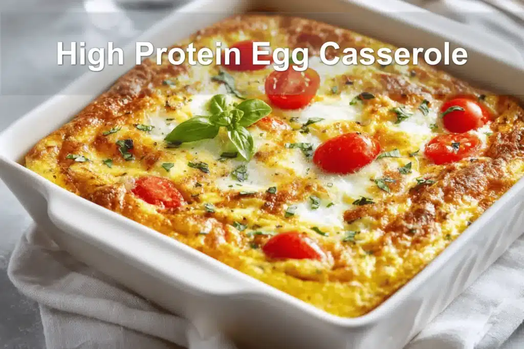 High Protein Egg Casserole golden baked with cherry tomatoes and basil in warm natural light
