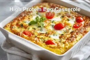 High Protein Egg Casserole golden baked with cherry tomatoes and basil in warm natural light