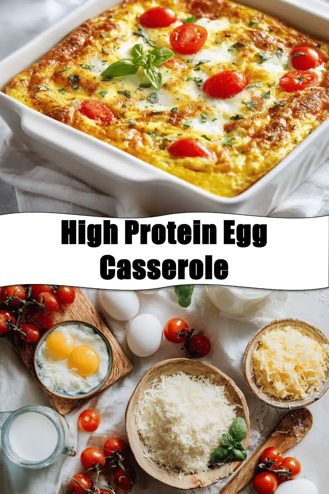 High Protein Egg Casserole golden baked with cherry tomatoes and basil in warm natural light_pin