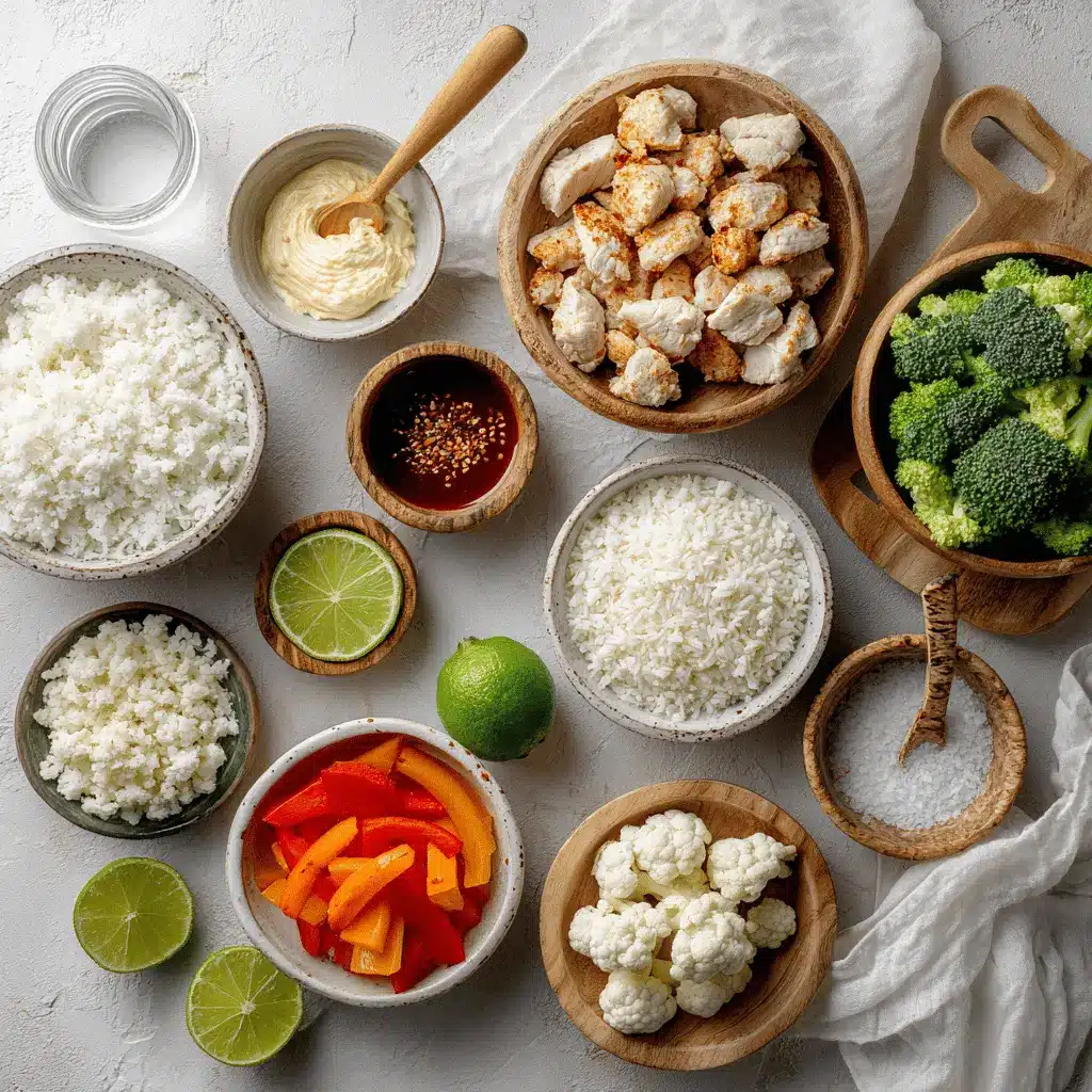 Bang Bang Chicken Bowl Irresistible Flavor Explosion 1 Bang Bang Chicken Bowl with tender-cooked chicken pieces rice cauliflower rice vegetables zesty creamy sauce lime