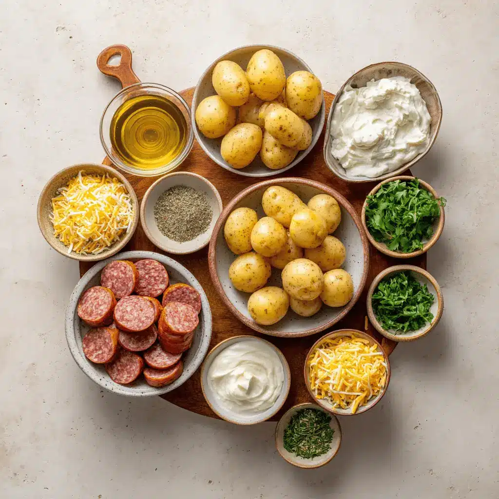 Cheesy Ranch Potatoes served with smoked sausage on white napkin, garnished with melted cheese and herbs.