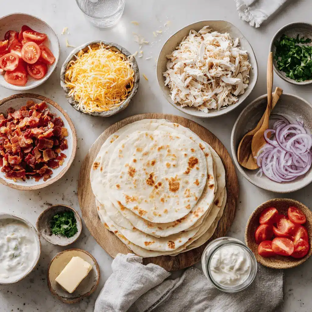 Chicken Bacon Ranch Quesadilla on white cloth with melted cheese herbs and tomato