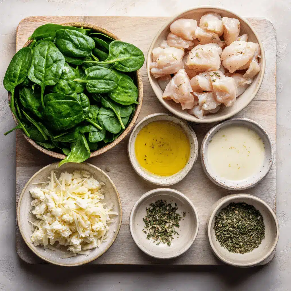 Chicken Florentine Recipe finished dish on white cloth with clear glass of water warm natural light