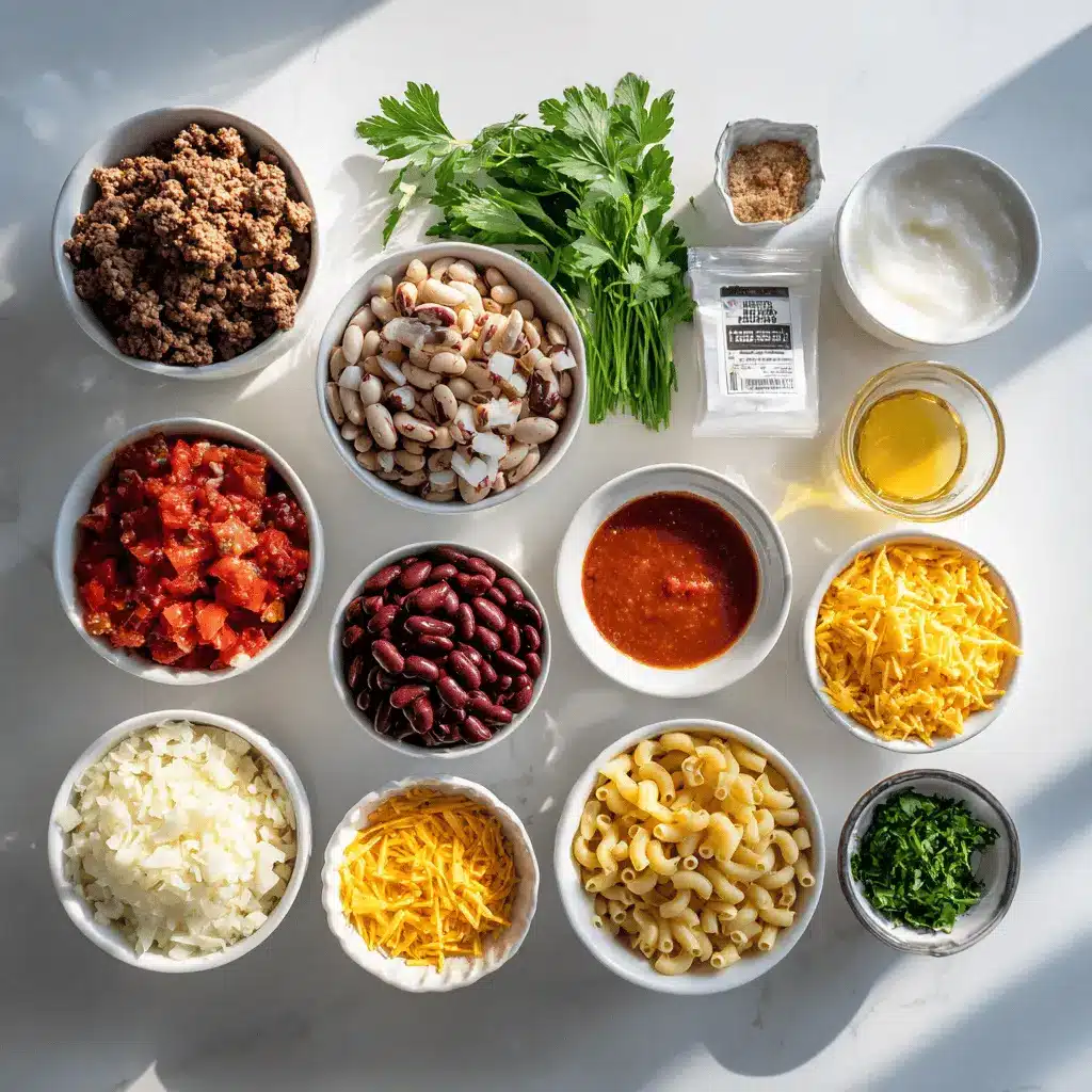 Chili Mac Recipe featuring gooey cheese, hearty chili, and macaroni in a comforting one-pot dinner.