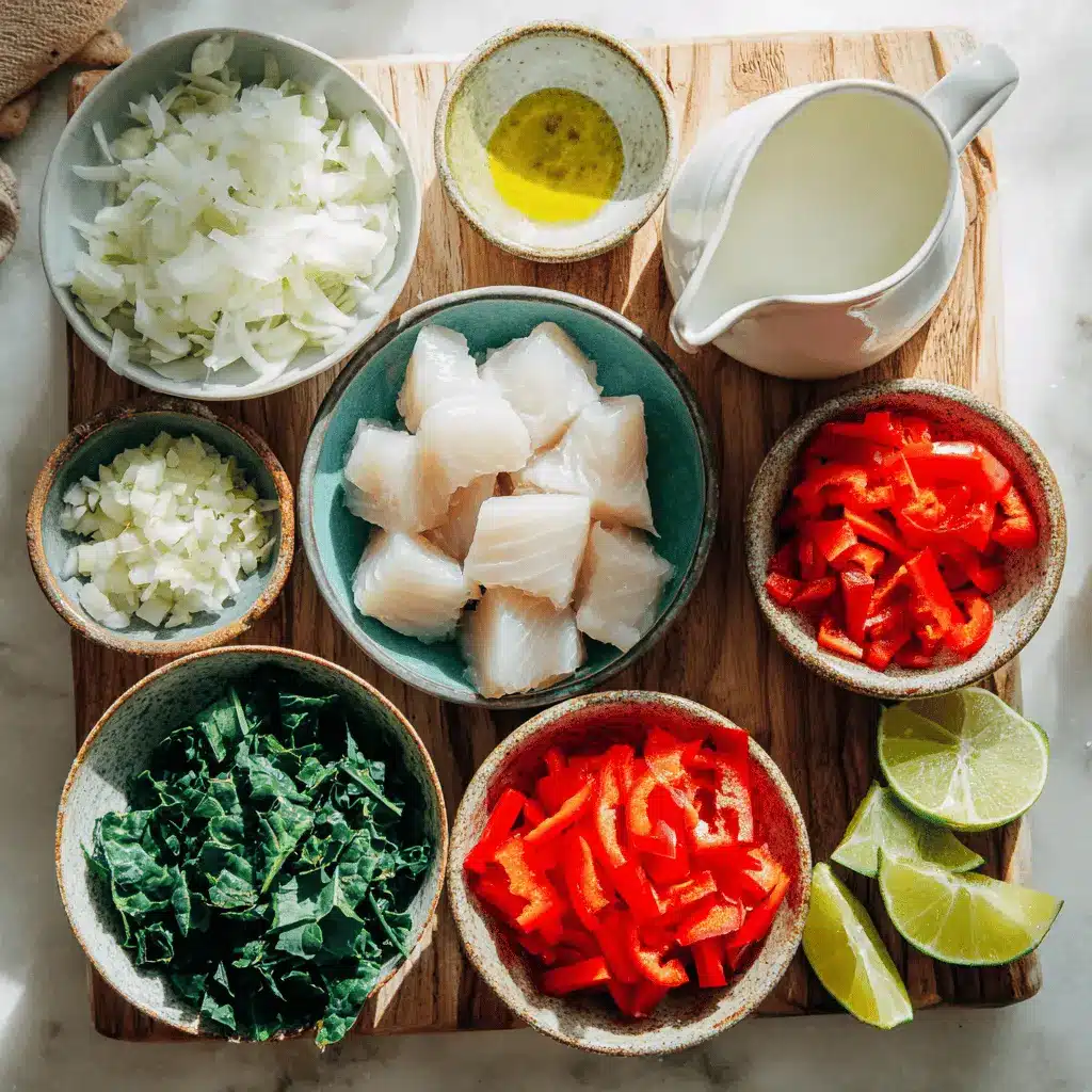 Coconut Lime Fish Soup on a white napkin with limes and herbs, warm and appetizing tones