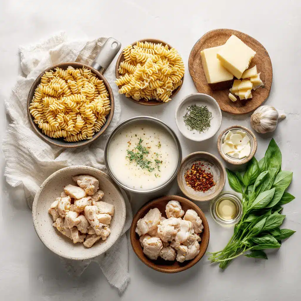 Creamy Garlic Parmesan Chicken Pasta: Restaurant Flavor at Home 1 Creamy Garlic Parmesan Chicken Pasta plated on white napkin with herbs and glass of water