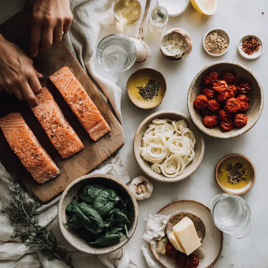 Creamy Tuscan Salmon plated with sun dried tomatoes spinach and creamy white sauce