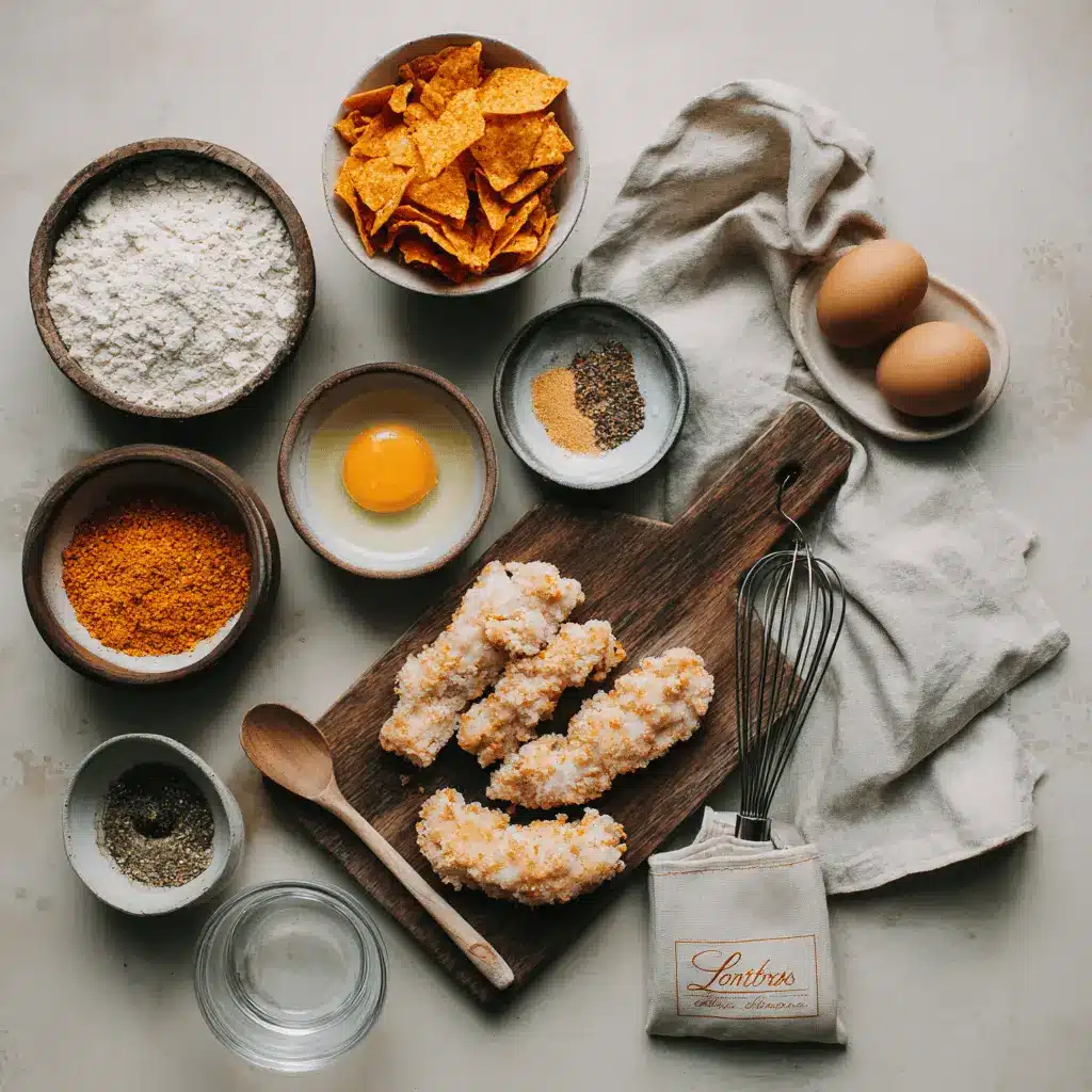 Dorito Chicken Tenders Crispy and Flavorful Recipe golden crispy Dorito coated chicken pieces on white napkin