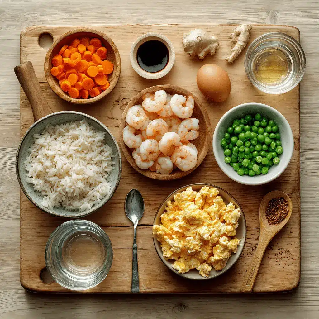Easy Shrimp Fried Rice plated on white napkin with glass of water warm natural light