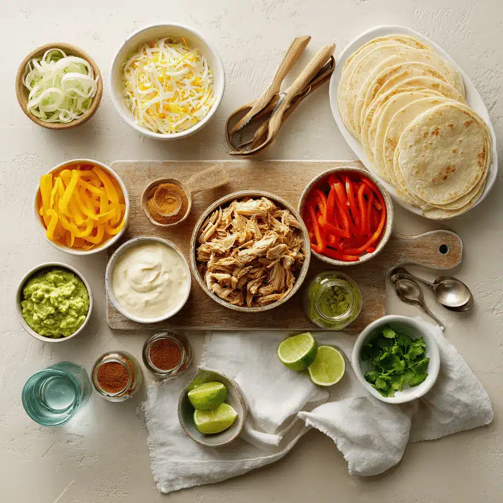 Easy Slow Cooker Chicken Fajitas with shredded chicken peppers rice guacamole lime fresh herbs