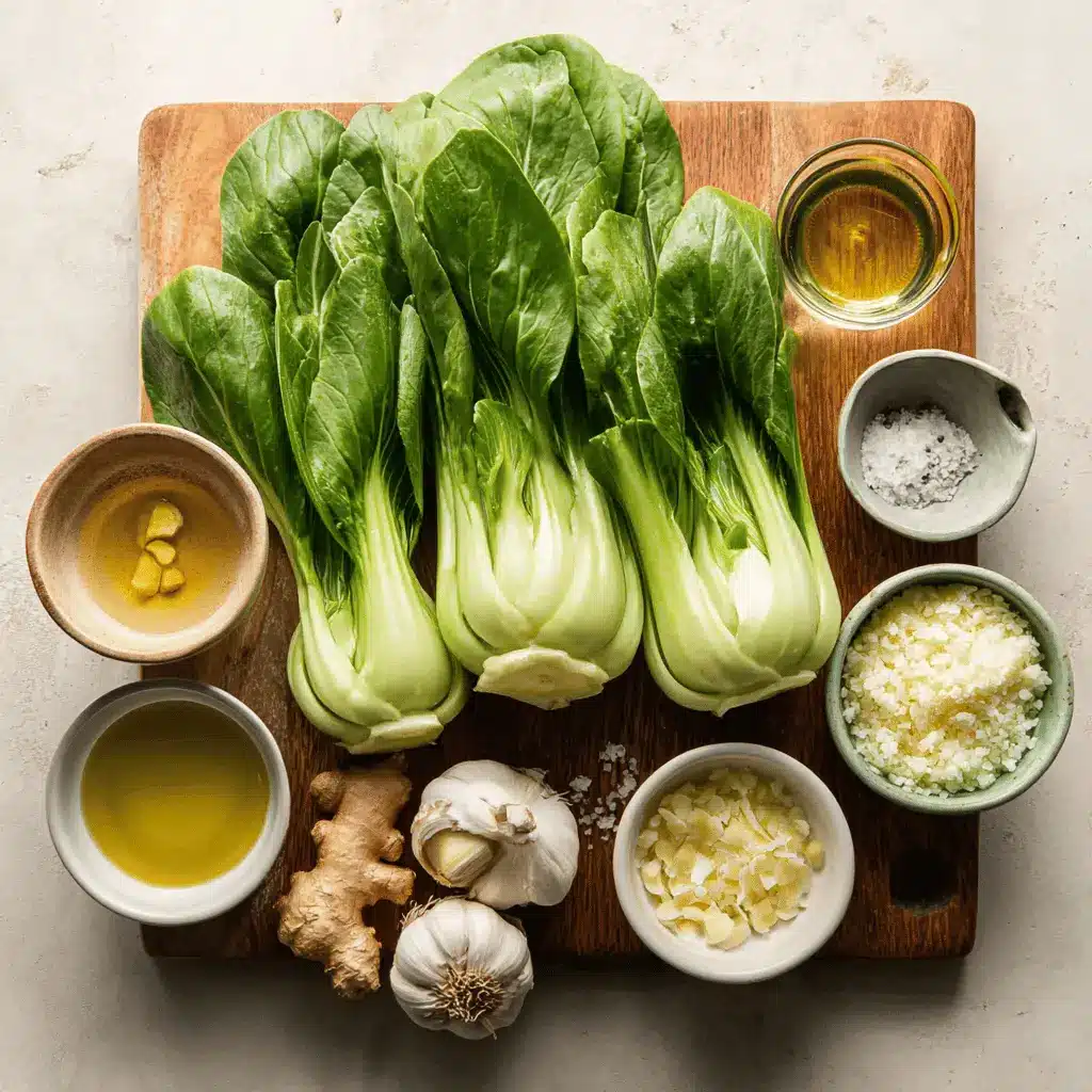 Garlic Ginger Bok Choy plated with vibrant greens, warm tones, and soft natural lighting.