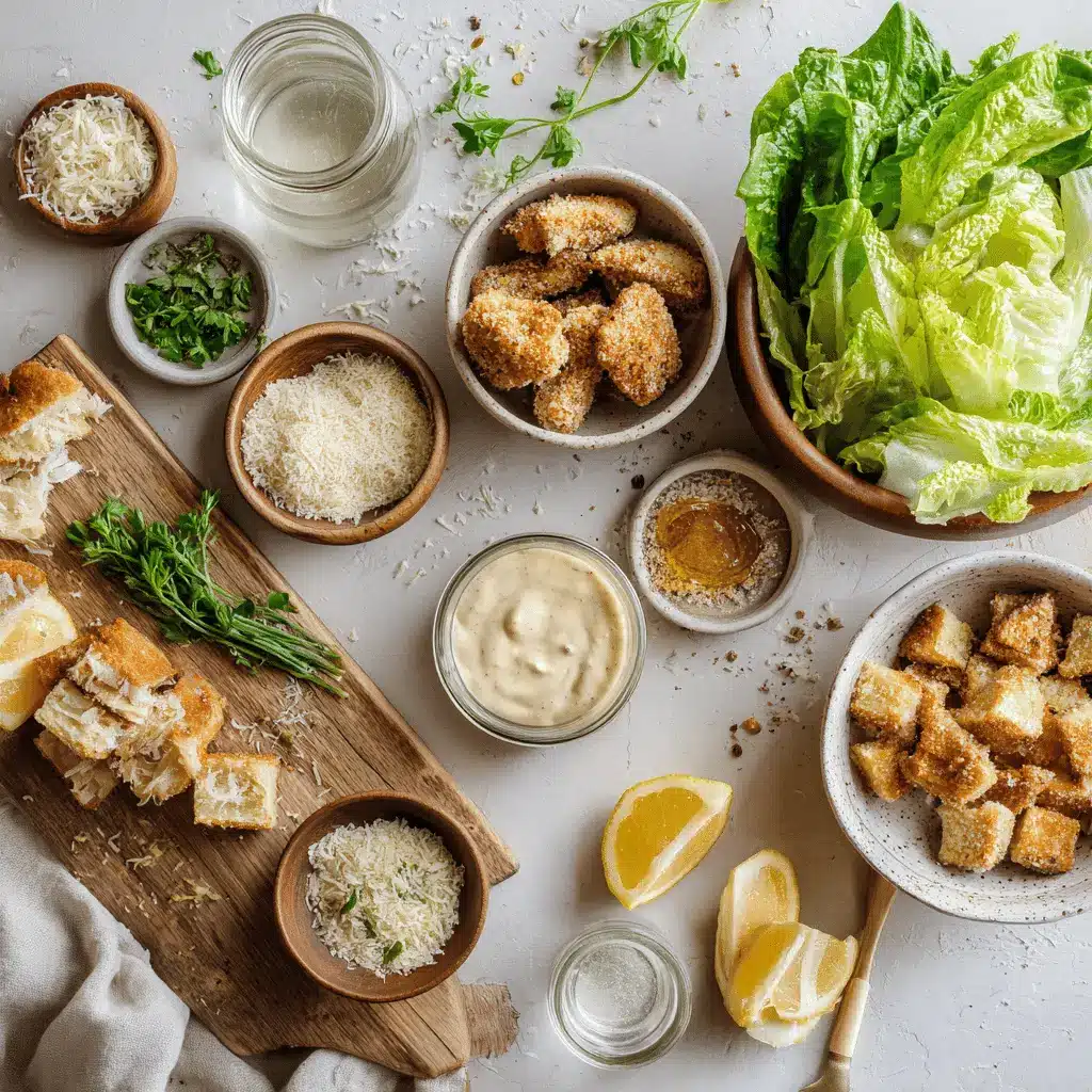 Healthy Chicken Caesar Salad with breaded chicken pieces panko crumbs romaine lettuce and spicy honey drizzle