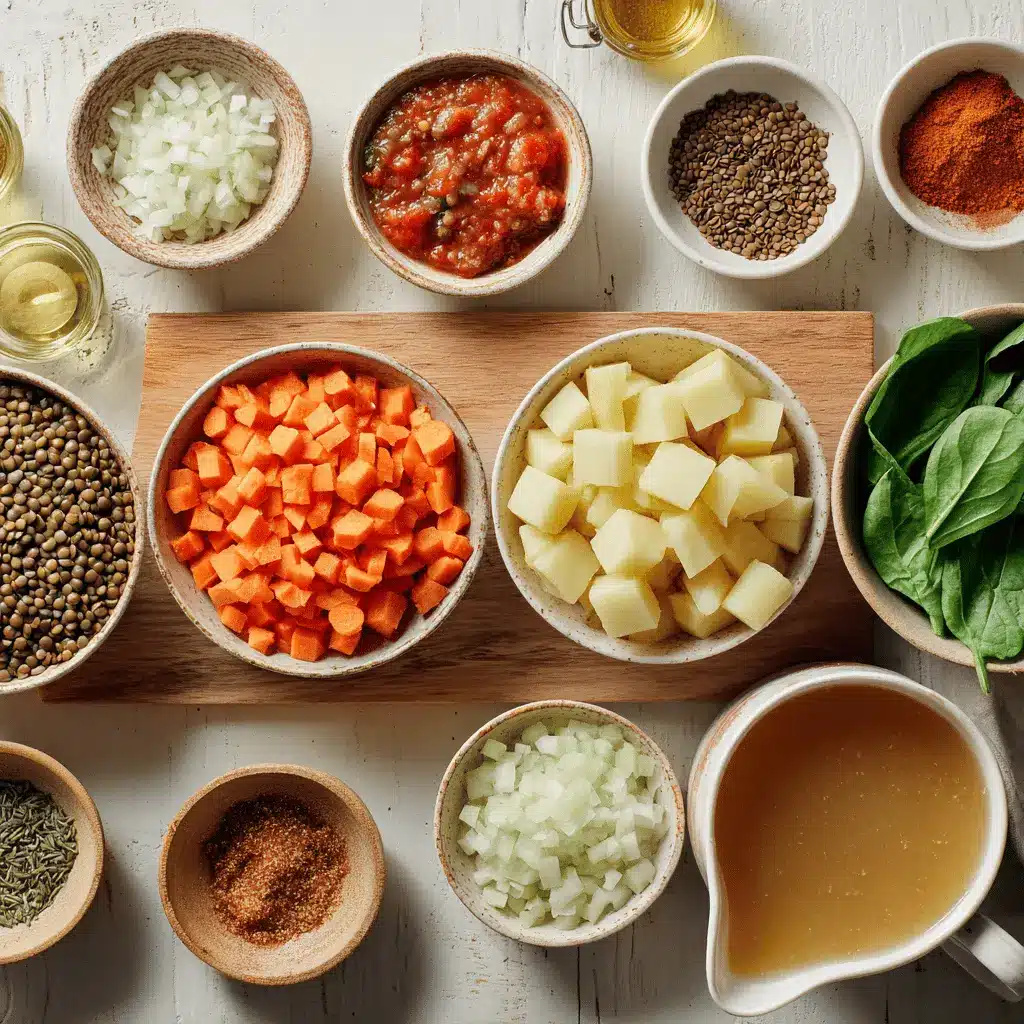 Hearty Lentil and Potato Soup styled for a cozy and inviting presentation