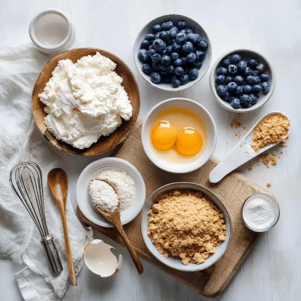 High Protein Blueberry Cottage Cheese Bake: A Perfect Snack 1 High Protein Blueberry Cottage Cheese Bake plated on white cloth with fresh blueberries and graham crumbs