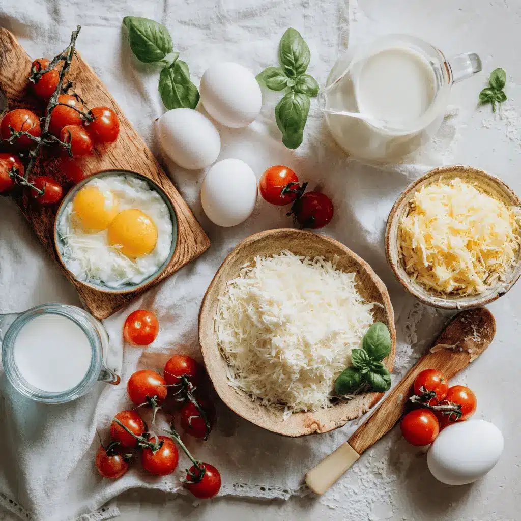 High Protein Egg Casserole golden baked with cherry tomatoes and basil in warm natural light