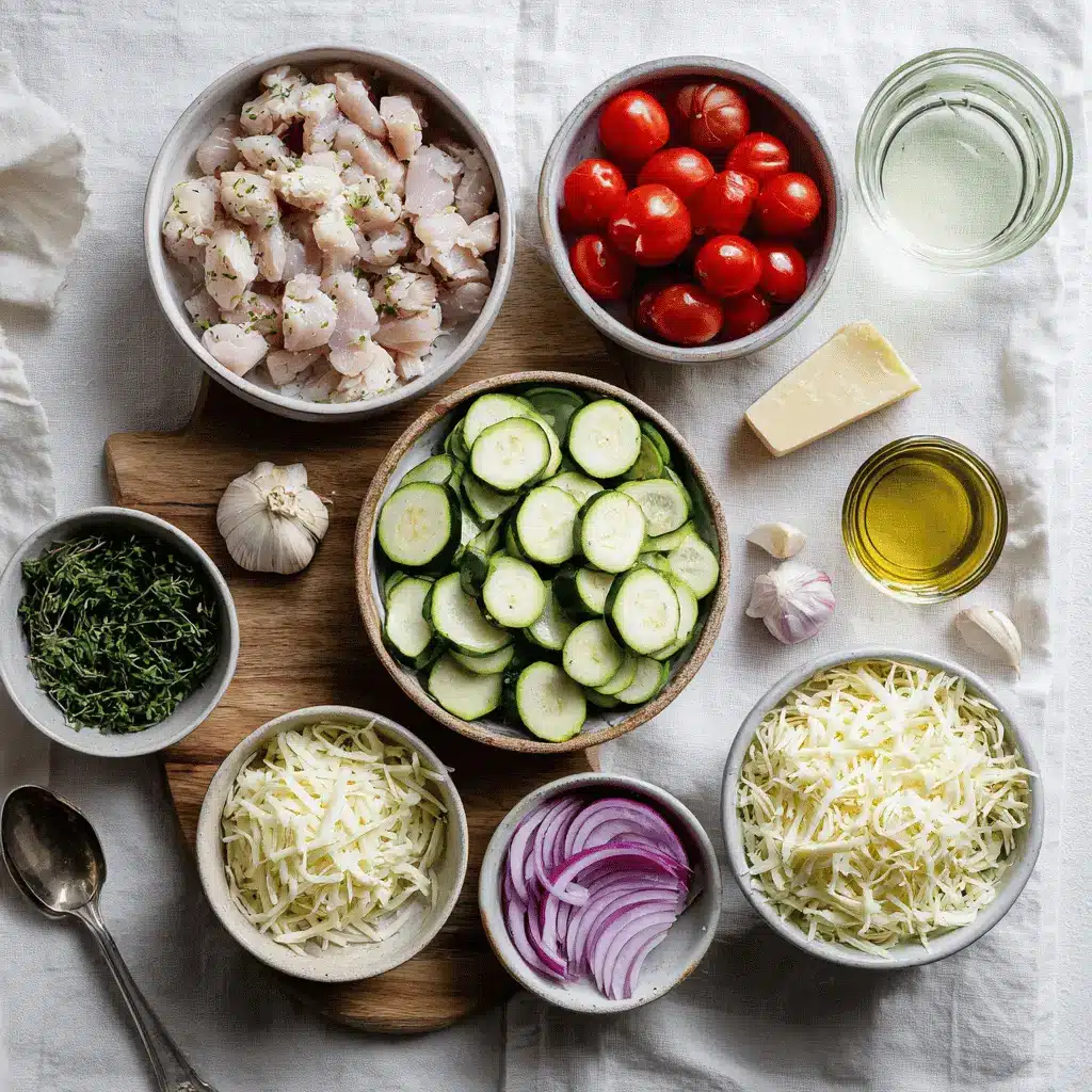 Mediterranean Chicken Zucchini Bake golden melted cheese zucchini cherry tomatoes herbs on cloth
