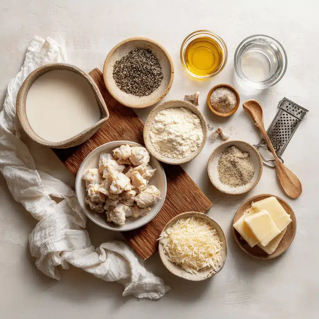Melt In Your Mouth Chicken Breast plated with creamy white sauce and grated hard cheese warm lighting