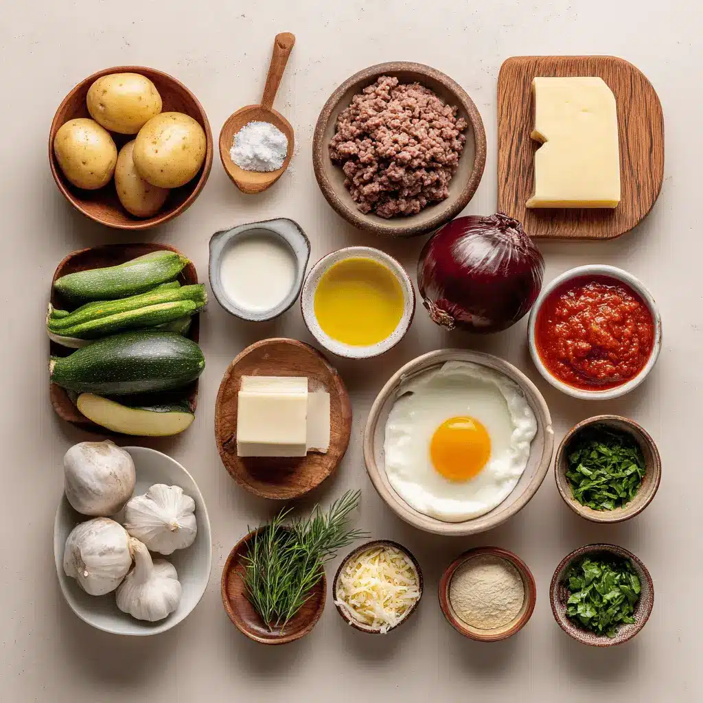 Outrageously Delicious Greek Moussaka with golden topping fresh herbs clean white napkin