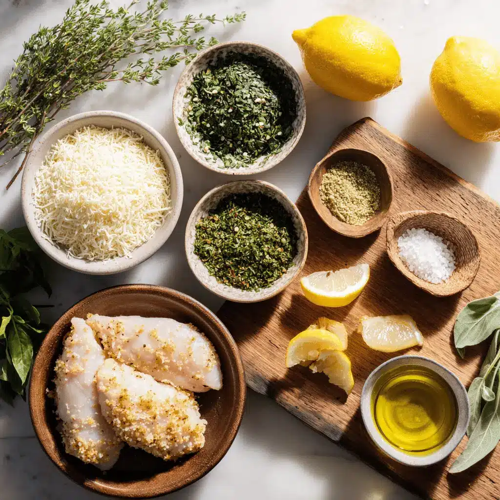 Golden Parmesan Crusted Chicken with lemon wedges and fresh herbs on a crisp white napkin.