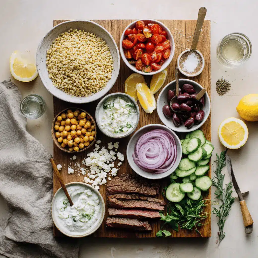 Quick Easy Mediterranean Steak Bowl Recipe with sirloin steak, roasted chickpeas, feta and tzatziki