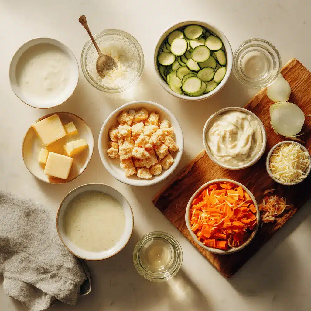 Quick Rotisserie Chicken Zucchini Casserole warm bake on white cloth beside glass of water