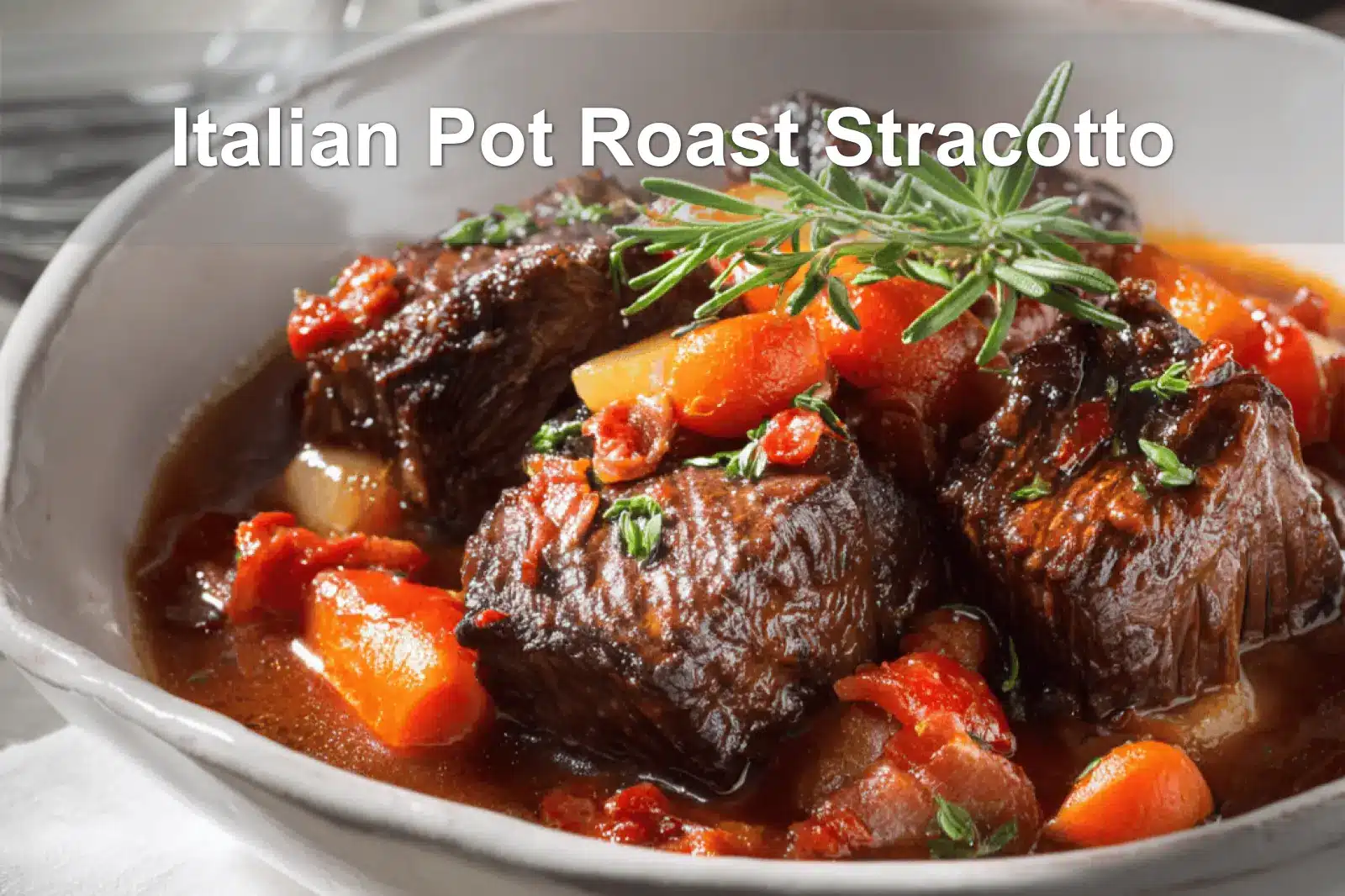 Italian Pot Roast Stracotto: A Cozy Classic Dish 3 Italian Pot Roast Stracotto in rustic bowl on white cloth napkin with glass of water