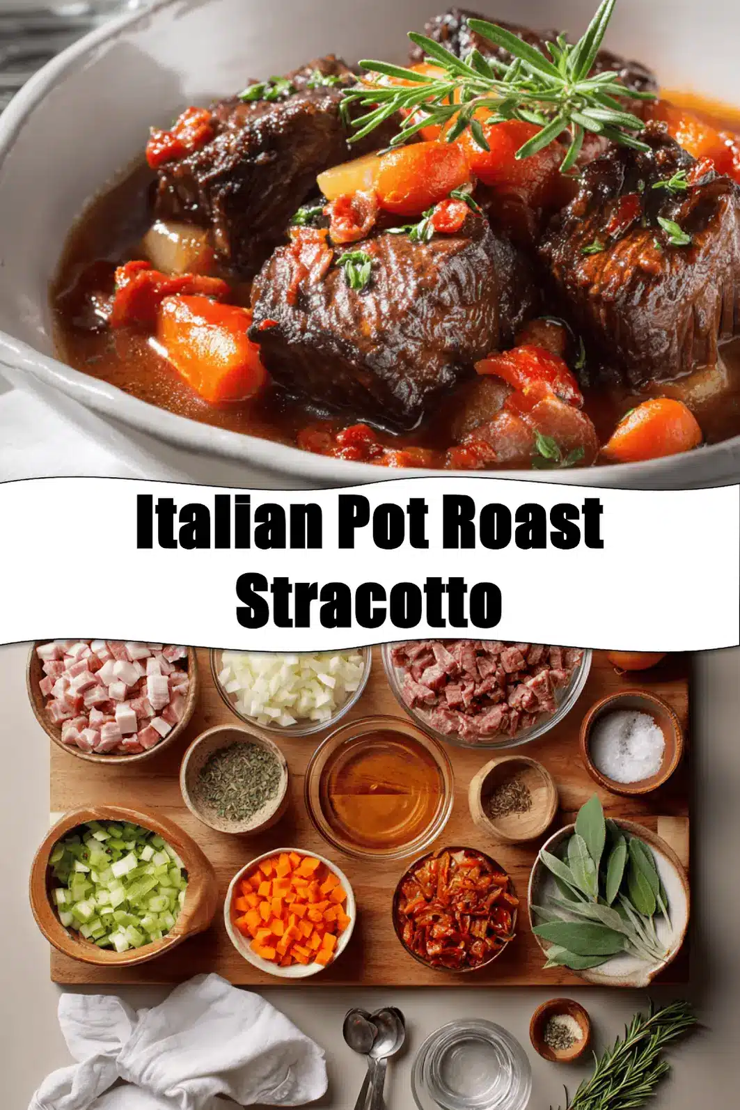 Italian Pot Roast Stracotto: A Cozy Classic Dish 2 Italian Pot Roast Stracotto in rustic bowl on white cloth napkin with glass of water_pin