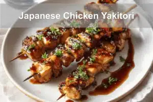 Japanese Chicken Yakitori skewers on a white napkin with rich glaze and natural lighting.