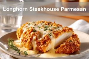 Longhorn Steakhouse Parmesan Chicken on a white napkin with water near it.