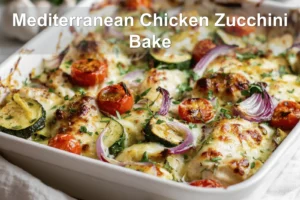 Mediterranean Chicken Zucchini Bake golden melted cheese zucchini cherry tomatoes herbs on cloth