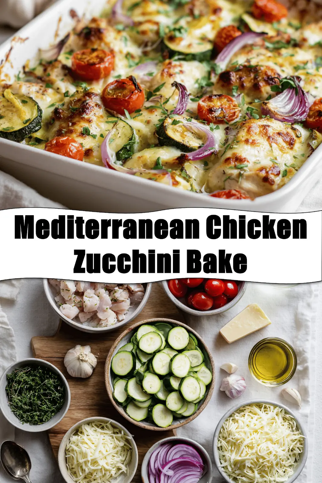 Mediterranean Chicken Zucchini Bake golden melted cheese zucchini cherry tomatoes herbs on cloth_pin