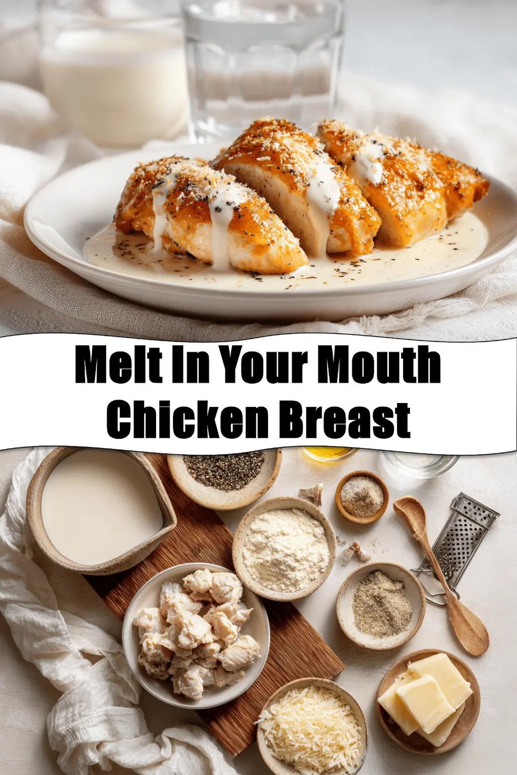Melt In Your Mouth Chicken Breast plated with creamy white sauce and grated hard cheese warm lighting_pin
