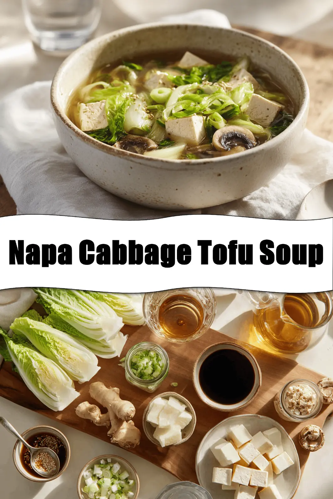 Napa Cabbage Tofu Soup bowl with tender tofu napa cabbage mushrooms and warm savory broth_pin