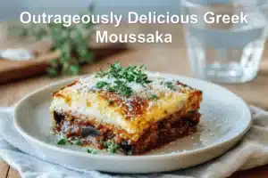 Outrageously Delicious Greek Moussaka with golden topping fresh herbs clean white napkin