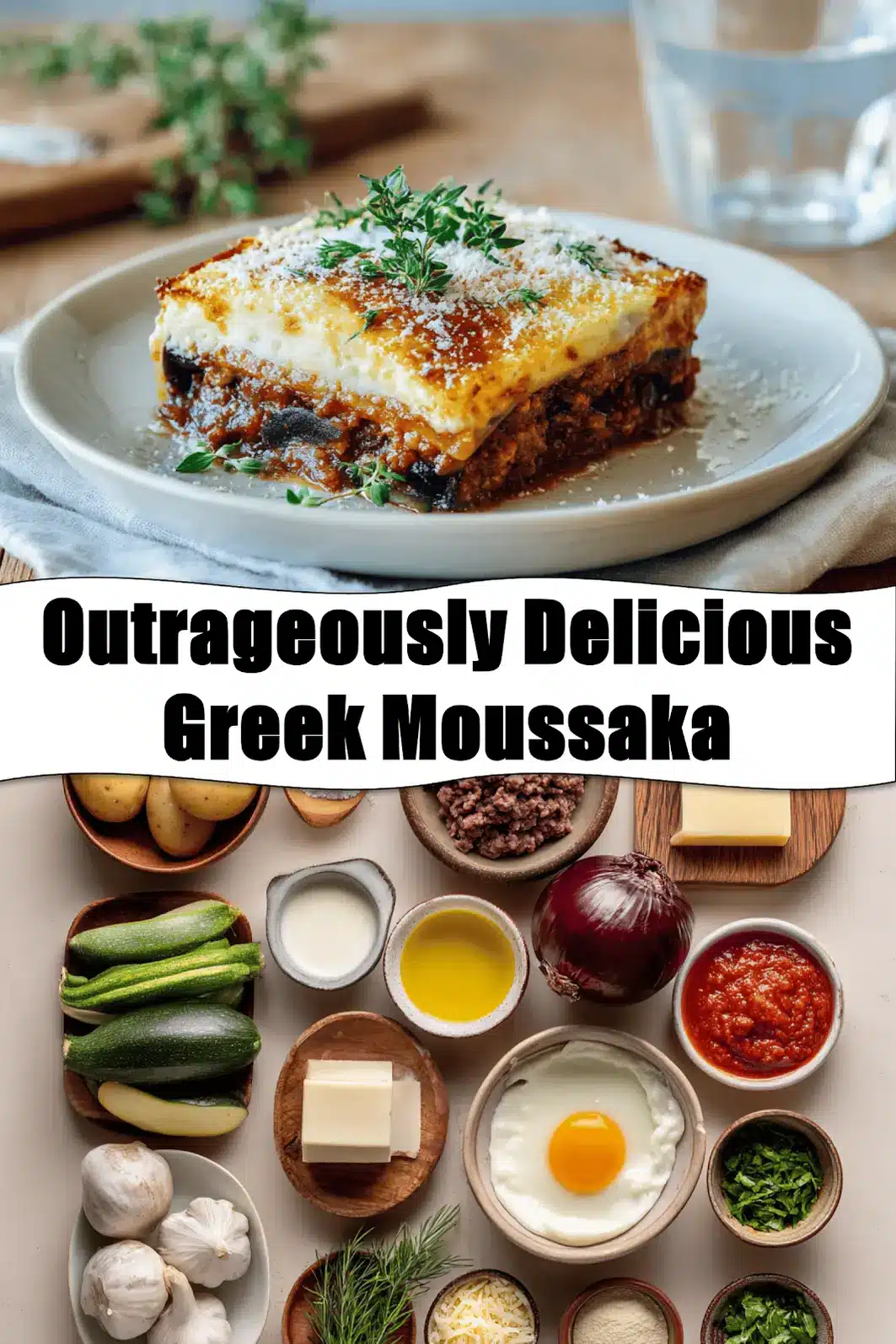 Outrageously Delicious Greek Moussaka with golden topping fresh herbs clean white napkin_pin