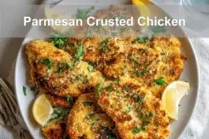 Golden Parmesan Crusted Chicken with lemon wedges and fresh herbs on a crisp white napkin.
