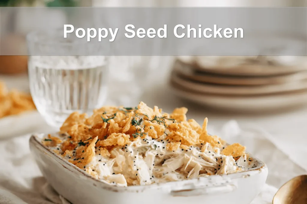 Poppy Seed Chicken casserole served with creamy sauce and crushed crackers on a clean table.