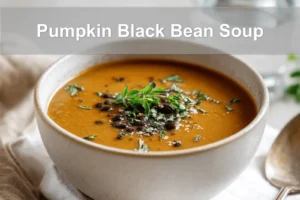 Pumpkin Black Bean Soup garnished with fresh herbs, served on a white napkin with a glass of water.