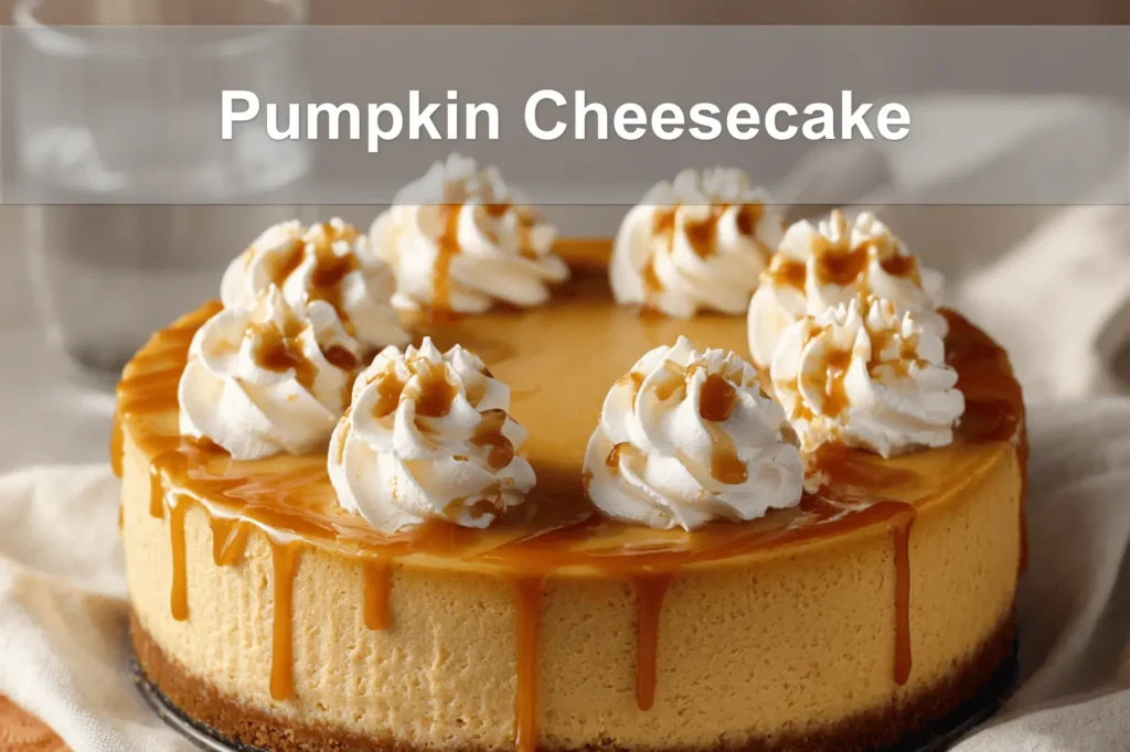 Pumpkin Cheesecake on white napkin with caramel sauce and whipped cream