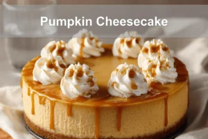 Pumpkin Cheesecake on white napkin with caramel sauce and whipped cream