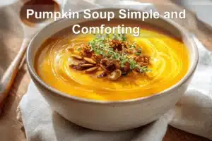 Pumpkin Soup Simple and Comforting creamy bowl on white cloth with glass of water