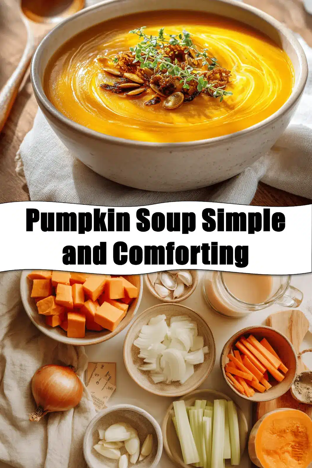 Pumpkin Soup Simple and Comforting: A Cozy Delight 2 Pumpkin Soup Simple and Comforting creamy bowl on white cloth with glass of water_pin